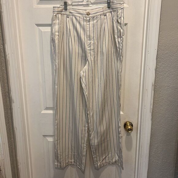 Loft Woman’s Pants Sz 14 White Blue Pink Stripe Wide Leg Trouser Casual Lyocell - Picture 1 of 8